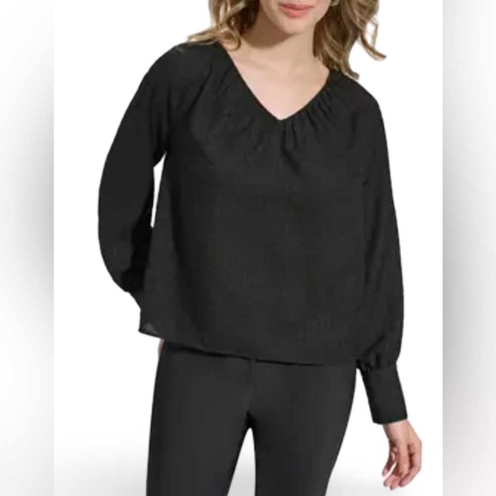 CALVIN KLEIN ๐SMALL๐BLACK & GREY LONG SLEEVED CHIFFON V NECK PEPLUM BLOUSE - Picture 11 of 15